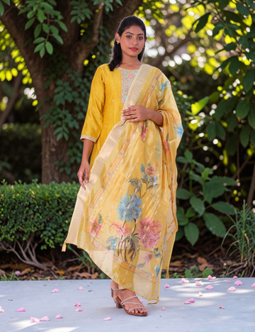 SALWAR SUITS PARTY WEAR SILK BLEND MUSTURD GREEN
