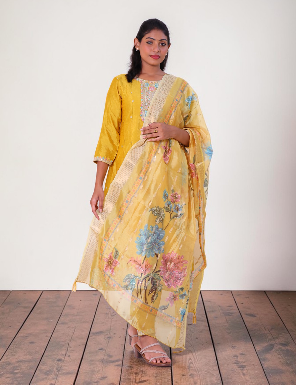 SALWAR SUITS PARTY WEAR SILK BLEND MUSTURD GREEN