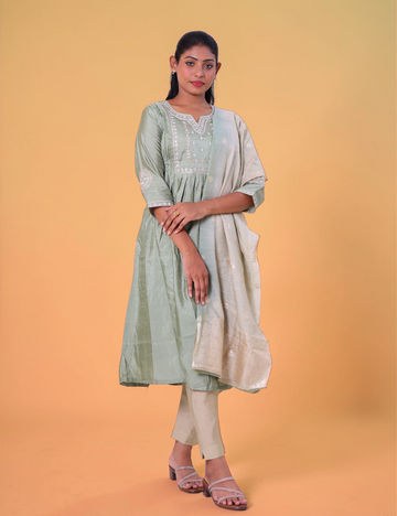 SALWAR SUITS PARTY WEAR CHANDERI SILK PASTEL GREEN