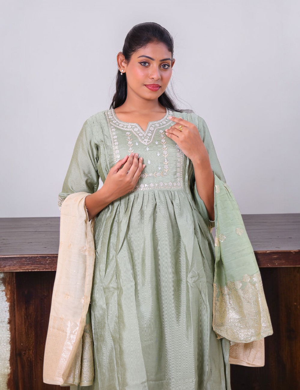 SALWAR SUITS PARTY WEAR CHANDERI SILK PASTEL GREEN