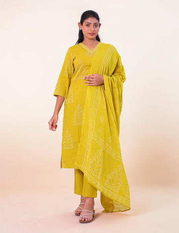 SALWAR SUITS COTTON SETS MUSTURD GREEN