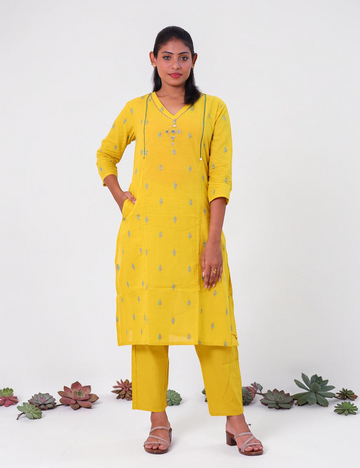 Salwar Suits Co-Ords Cotton Mustard Yellow Thread Work
