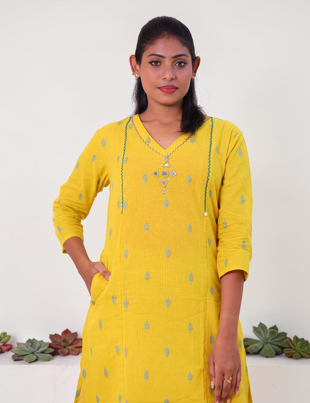 Salwar Suits Co-Ords Cotton Mustard Yellow Thread Work