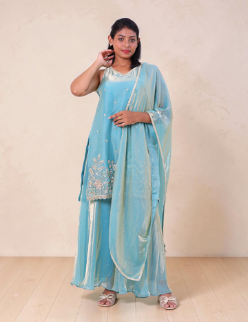 SALWAR SUITS PARTY WEAR SPACE SILK TEAL BLUE
