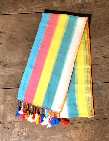Sarees Linen Cotton Multicolour – Sandal, Green, Yellow, Teal Blue, Pink with Golden Zari