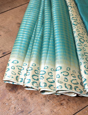 Semi Tussar Teal Blue Bagru Checks Saree