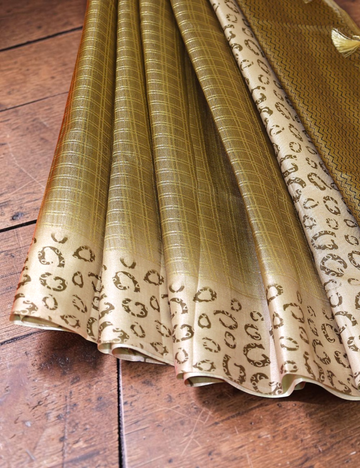 Semi Tussar Mustard Bagru Checks Saree