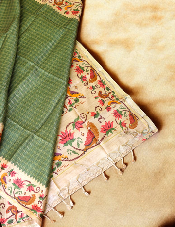 Semi Tussar Green Bagru Checks Saree