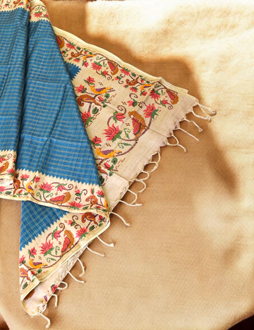 Semi Tussar Blue Bagru Checks Saree