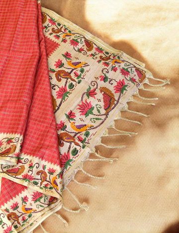 Semi Tussar Brick Red Bagru Checks Saree