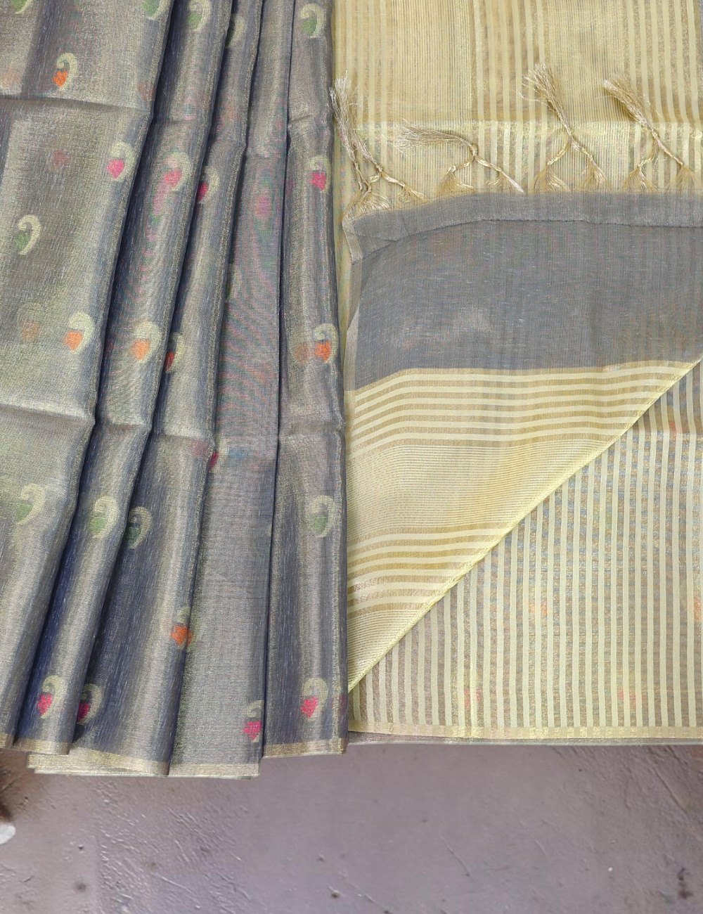 Tissue Linen Cotton Dark Grey Saree