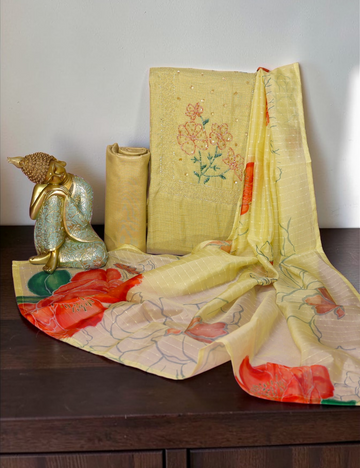 Unstitched Salwar Material Linen Cotton Light Yellow