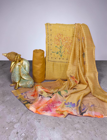 Unstitched Salwar Material Linen Cotton Orange Yellow