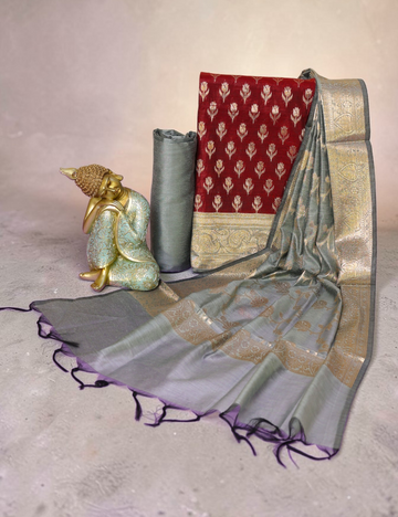 Unstitched Salwar Material Chanderi Silk Maroon, Grey