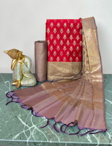Unstitched Salwar Material Chanderi Silk Red, Beige