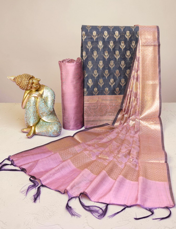Unstitched Salwar Material Chanderi Silk Dark Grey, Pink