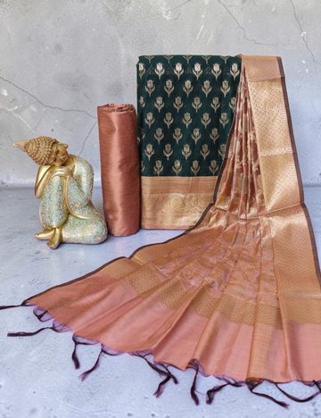 Unstitched Salwar Material Chanderi Silk Dark Green, Peach