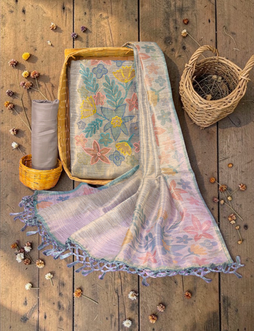 Unstitched Salwar Material Tissue Linen Cotton Sandal Blue