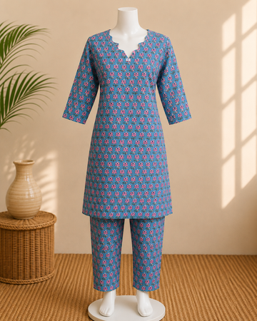 Blue Floral Printed Kurta Pant Set for Women