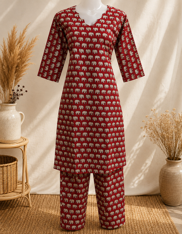 Maroon Elephant Print Cotton Kurta Pant Set