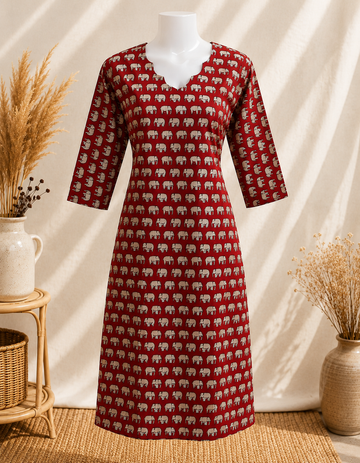 Maroon Elephant Print Cotton Kurti Top