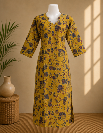 Mustard Floral Printed Straight Kurta