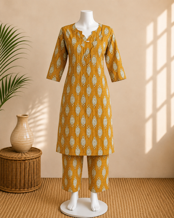 Mustard Printed Kurta Pant Set for Women