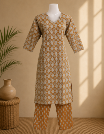 Mustard Printed Kurta Pant Set for Women
