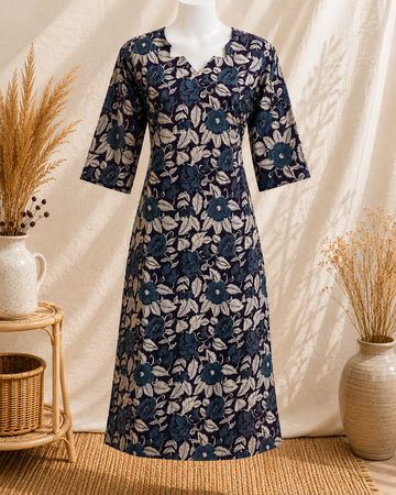 Navy Blue Floral Printed Cotton Kurta for Women