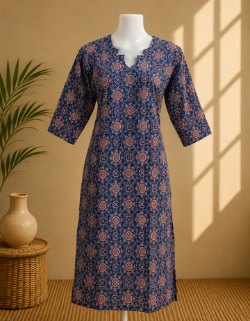 Navy Blue Printed Straight Kurta