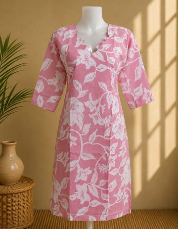 Pink Floral Printed A-Line Kurti