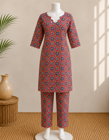 Red Printed Kurta Pant Set for Women
