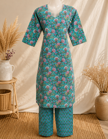 Turquoise Floral Printed Kurti Pant Set